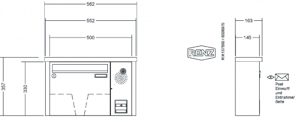 RENZ Briefkastenanlage Aufputz Tetro Kastenformat 370x330x145mm, mit Klingel - & Lichttaster und Vorbereitung Gegensprechanlage, 1-teilig